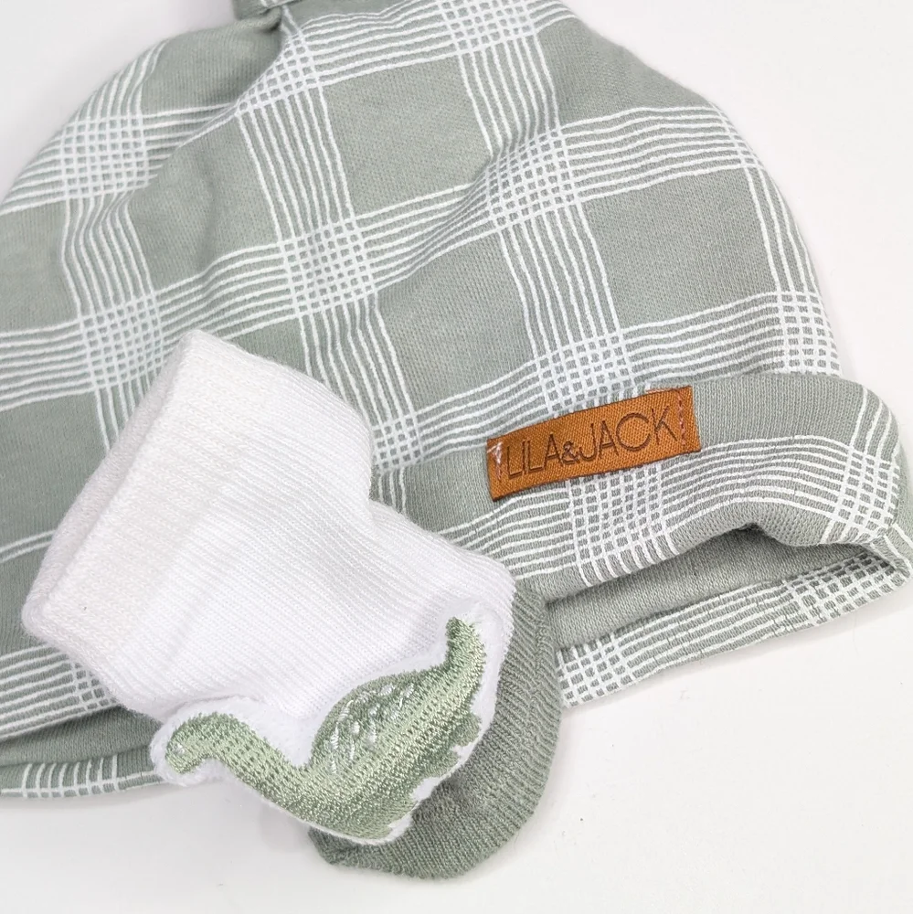 Lila & Jack Sage Green Plaid Baby Hat & Sock Set
